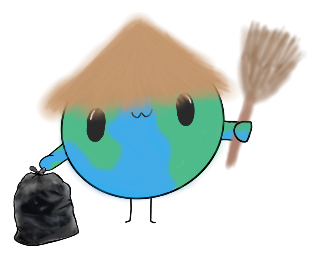 Broomie holding a broom and a rubbish bag